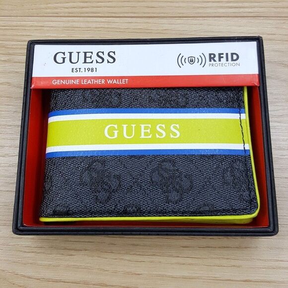 GUESS Mens Black Leather Wallet Bifold Stripe Signature Monogram Logo RFID - Picture 1 of 6